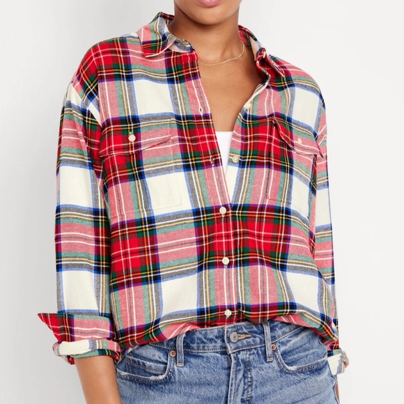 Old Navy Tops - Old Navy White Tartan Loose Flannel Boyfriend Button Up Shirt